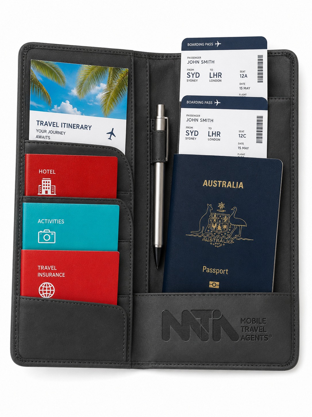 MTA travel document wallet with itinerary, boarding passes and Australian passport